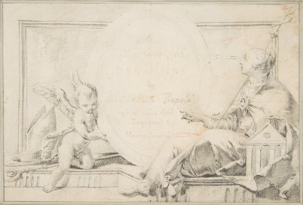 Illustration for a Book: Frontispiece with a Female Allegorical Figure (Religion?) and a Putto by Giovanni Battista Tiepolo, drawing, 1696-1770