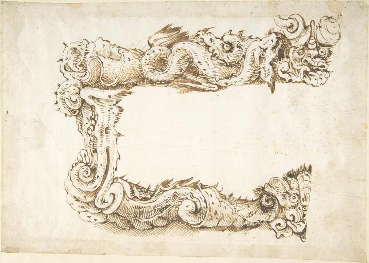 Half of a Cartouche with Monsters by Quentin Pierre Chedel, drawing, 1700-1800