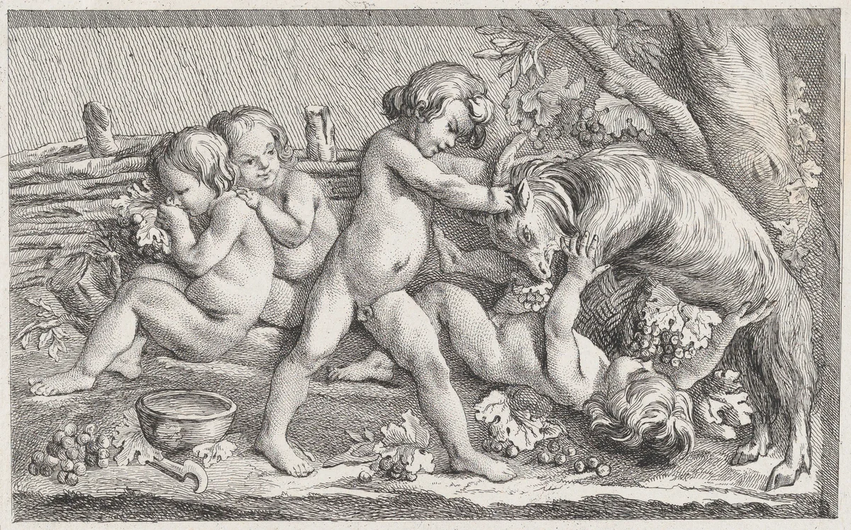 Nude children eating grapes and playing with a goat; an allegory of Fall, after a bas-relief on the Fontaine des Quatre-Saisons (Paris) by anonymous, print, 1745-1800