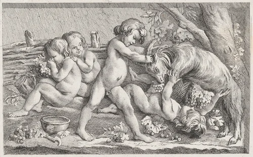 Nude children eating grapes and playing with a goat; an allegory of Fall, after a bas-relief on the Fontaine des Quatre-Saisons (Paris) by anonymous, print, 1745-1800