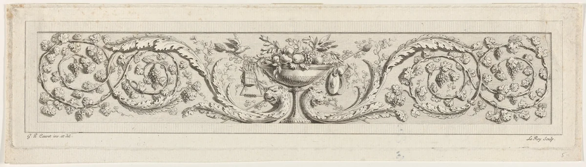 Design for a Frieze with Acanthus Scrolls and a Vase in the Center by Gilles Paul Cauvet, print, 1772-1782