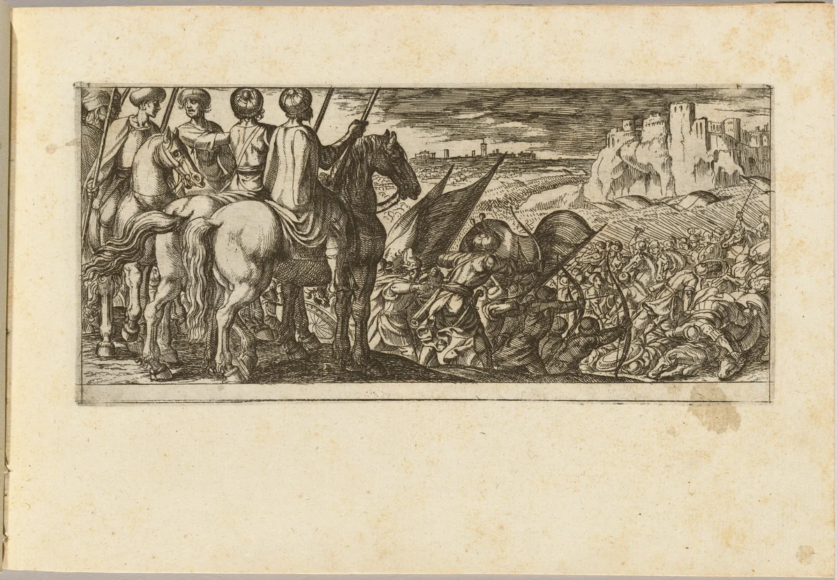 Battle Scene with Cavalry Observing from a Hill by Antonio Tempesta, print, 1555-1630