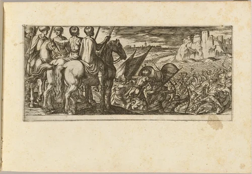 Battle Scene with Cavalry Observing from a Hill by Antonio Tempesta, print, 1555-1630