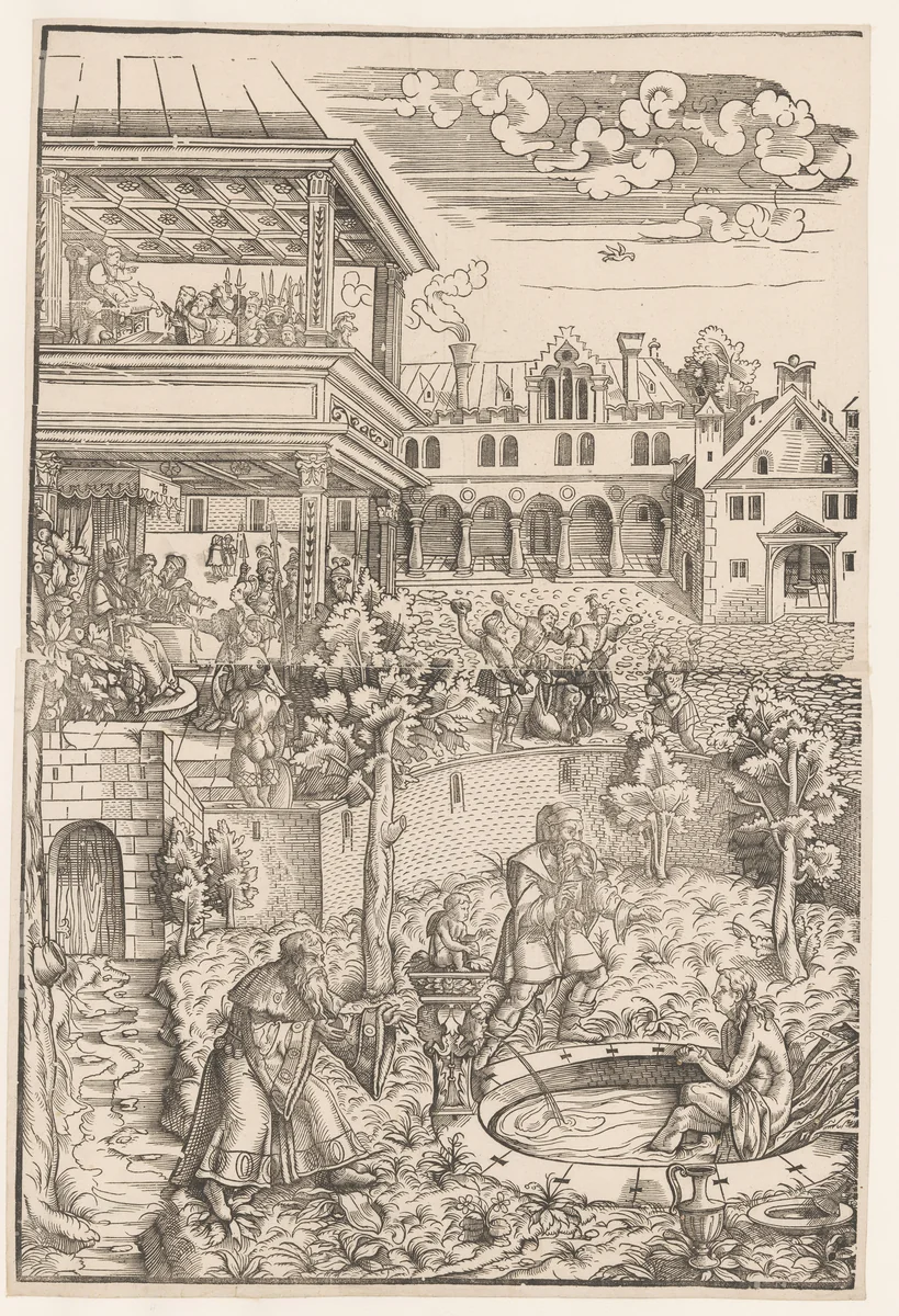 Heilige Suzanna en de ouderlingen by anonymous, print, 1540