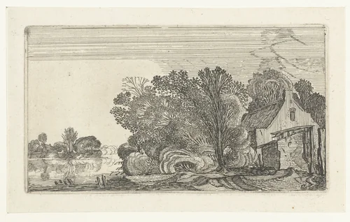 Boerderij tussen bomen aan een rivier by anonymous, print, 1610-1650