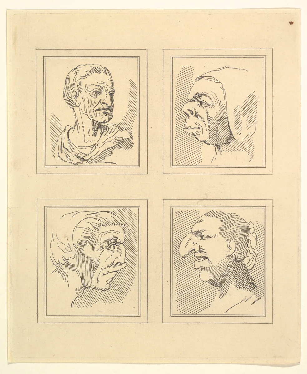 Four Heads (from Characaturas by Leonardo da Vinci, from Drawings by Wincelslaus Hollar, out of the Portland Museum) by Wenceslaus Hollar, print, 1786