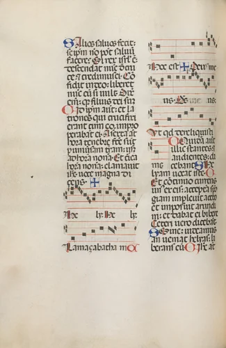 Missale: Fol. 121v: contains music for "Hely Hely Lama etc." within St. Mattion Passion by Bartolommeo Caporali, book, 1469
