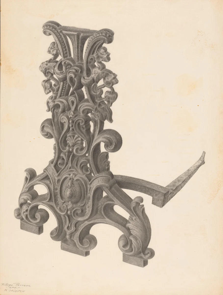 Andiron (one of pair) by Milton Grubstein; Filippo Porreca, index of american design, 1939
