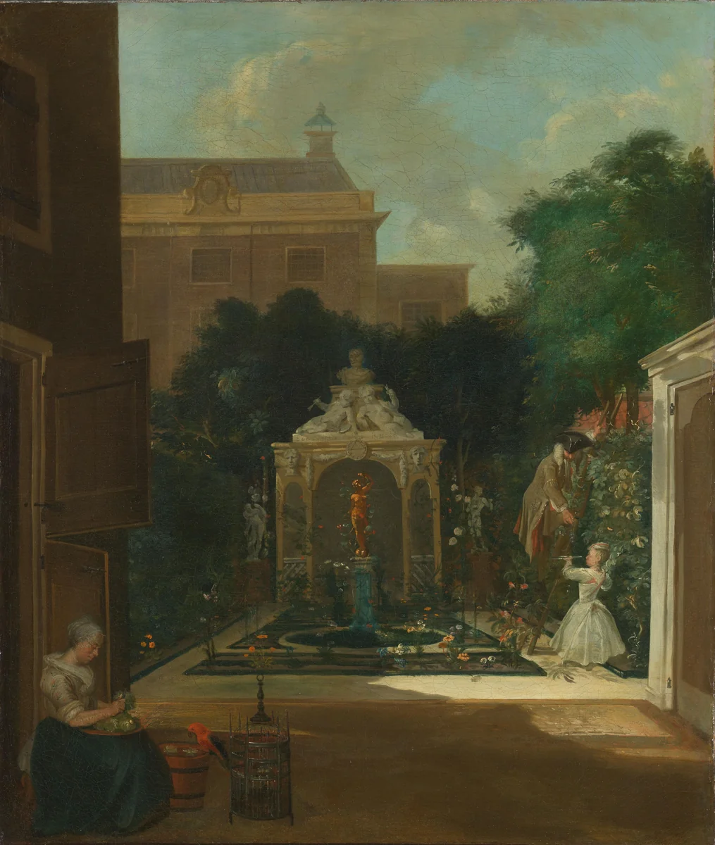 An Amsterdam Canal House Garden by Cornelis Troost, painting, 1740-1745
