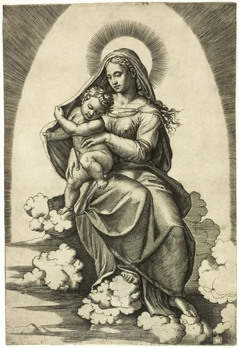 Virgin and Child Seated on Clouds by Marcantonio Raimondi, print, 1515-1516