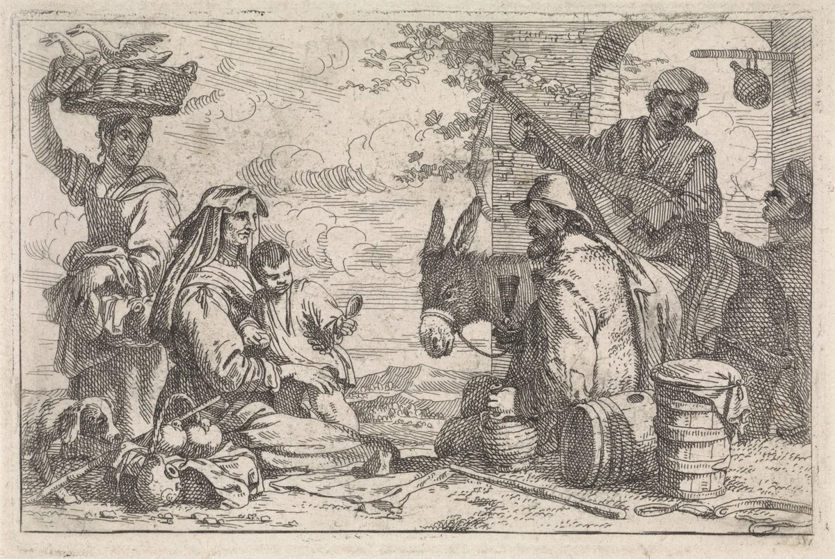 Reizigers rusten voor herberg by Jan Baptist de Wael, print, 1642-1669