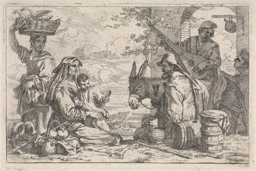 Reizigers rusten voor herberg by Jan Baptist de Wael, print, 1642-1669