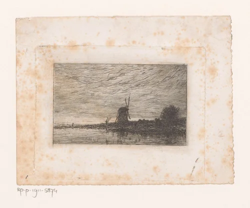 Landschap met een molen aan water by Adrien Le Mayeur, print, 1854-1911