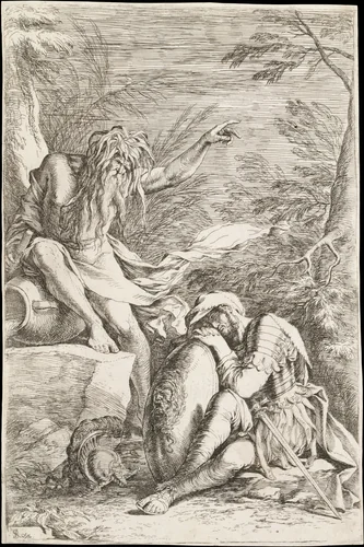 Dream of Aeneas: Aeneas rests his head on his hands atop his shield, while the river god Tiber leans on a vessel and points upward with his left hand by Salvator Rosa, print, 1658-1668