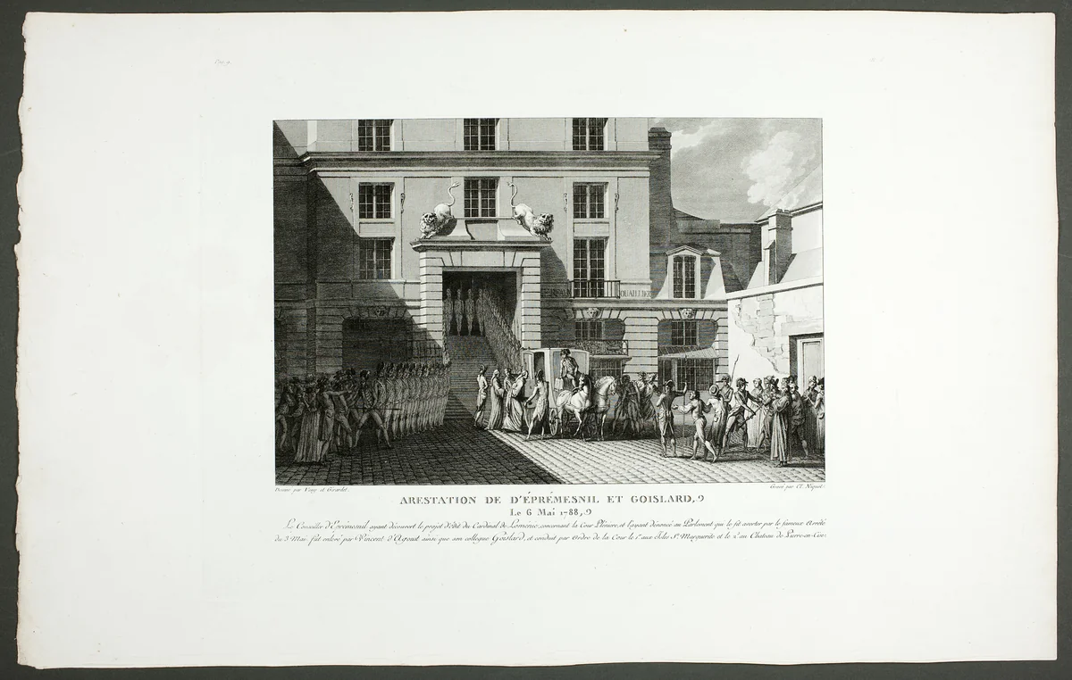 The Arrest of Éprémesnil and Goislard, from the series Tableaux historiques de la Révolution française by Claude Niquet, print, 1798-1804