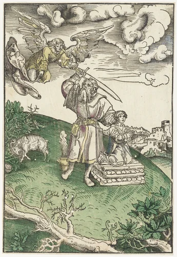 Abraham offert zijn zoon Isaac by Lucas Cranach, print, 1523-1526