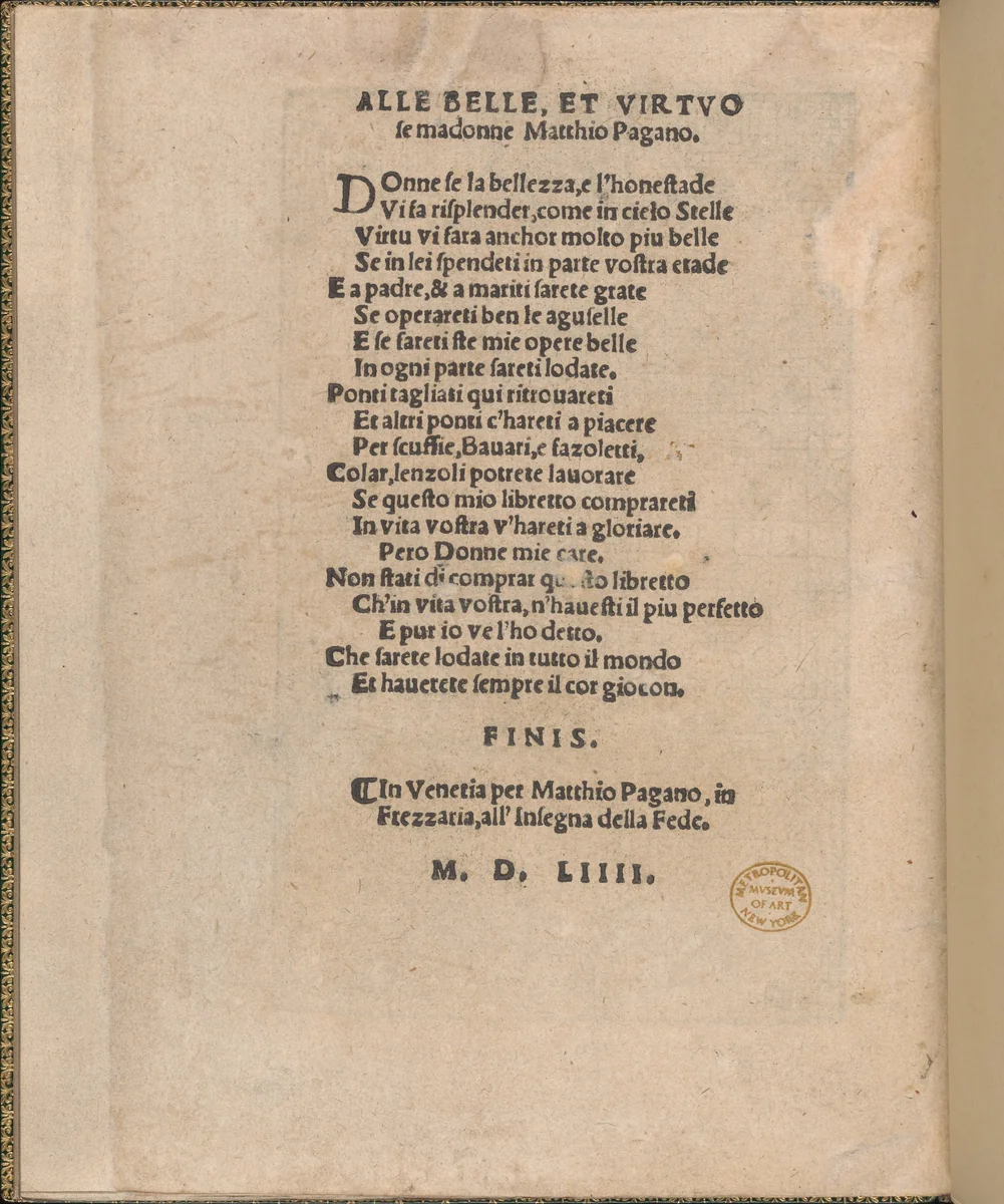 Ornamento delle belle & virtuose donne, page 24 (verso) by Matteo Pagano, book, 1554