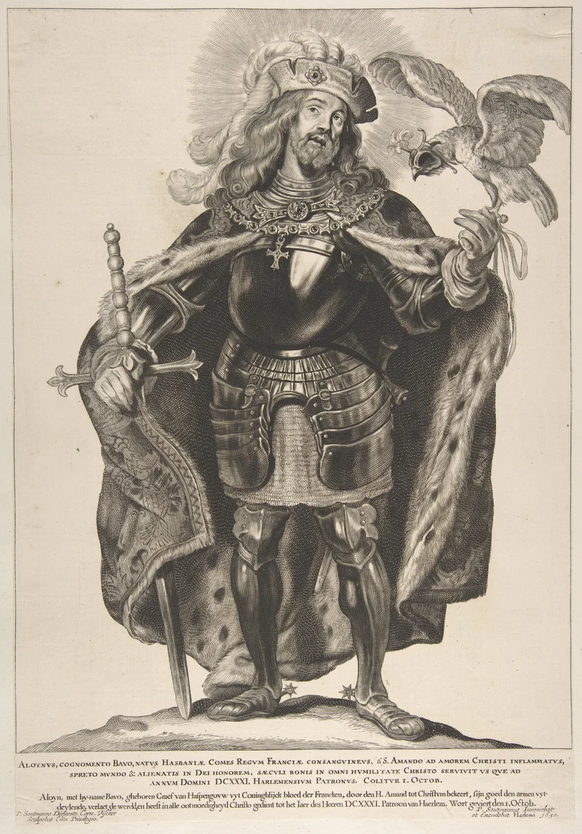 St. Bavo, from the series Saints of North and South Netherlands by Pieter Soutman, print, 1650