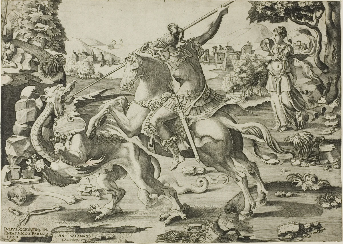 Saint George and the Dragon by Enea Vico, print, 1542