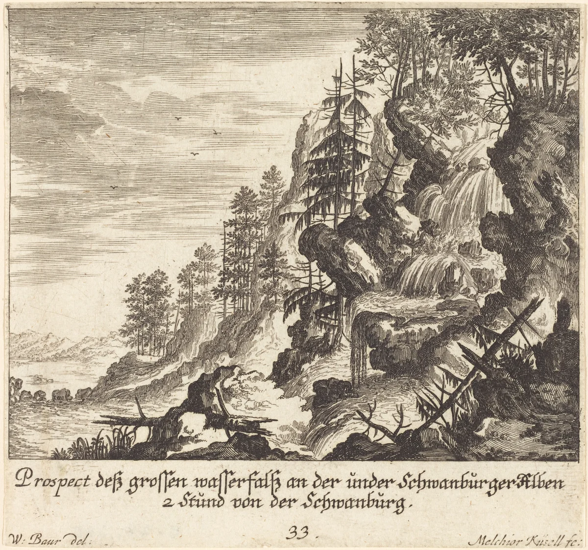 Large Waterfall, Schwanburg by Melchior Küsel; Johann Wilhelm Baur, print, 1681