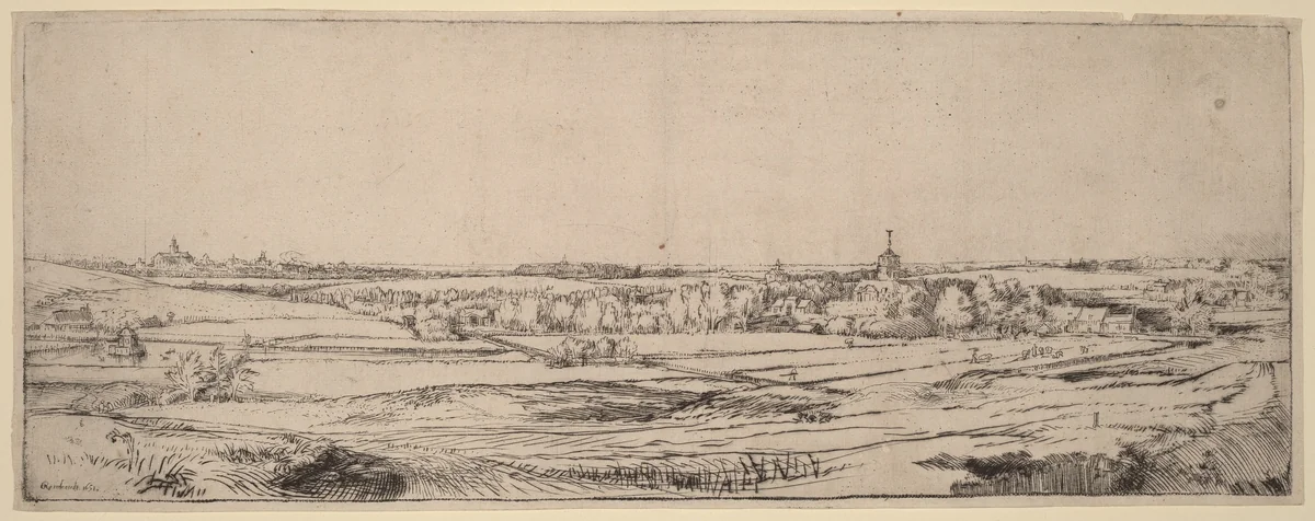 Landscape with a View toward Haarlem (The Goldweigher's Field) by Rembrandt van Rijn, print, 1651