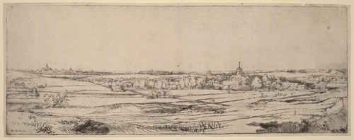 Landscape with a View toward Haarlem (The Goldweigher's Field) by Rembrandt van Rijn, print, 1651