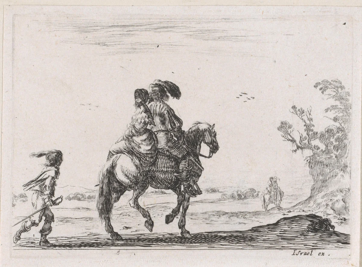 Ruiter met een vrouw achterop by Stefano della Bella, print, 1642