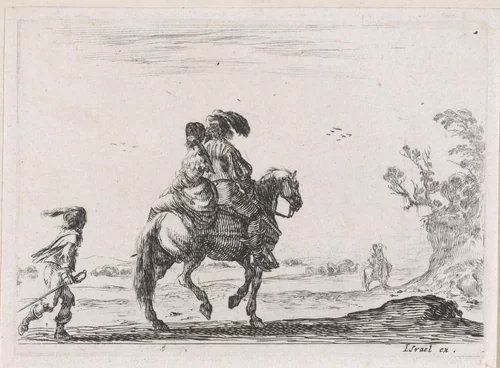 Ruiter met een vrouw achterop by Stefano della Bella, print, 1642