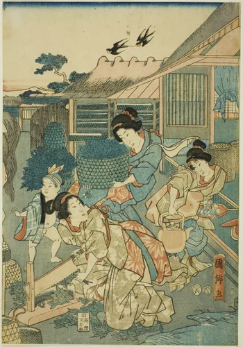 Great Prosperity at the Silk Farm (Kaikoya Daihanjono Zu) by Utagawa Kunisato, artwork, 1832-1842