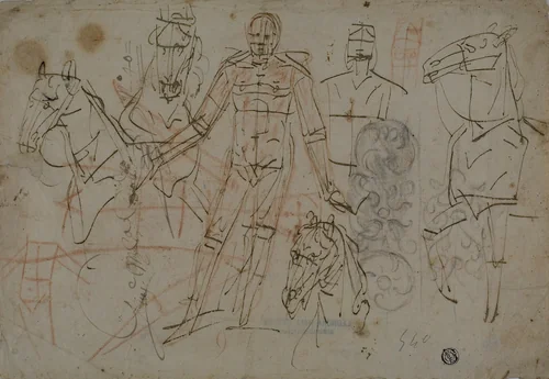 Sketches of Men, Horses, and Decorative Design by Pietro Sorri, drawing, 1596-1598