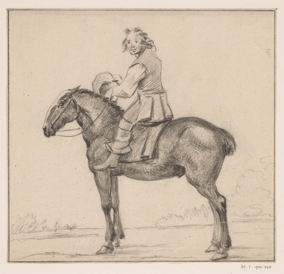 Ruiter op een paard, naar links by Jean Bernard, drawing, 1775-1833