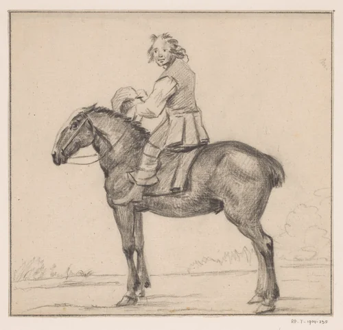 Ruiter op een paard, naar links by Jean Bernard, drawing, 1775-1833
