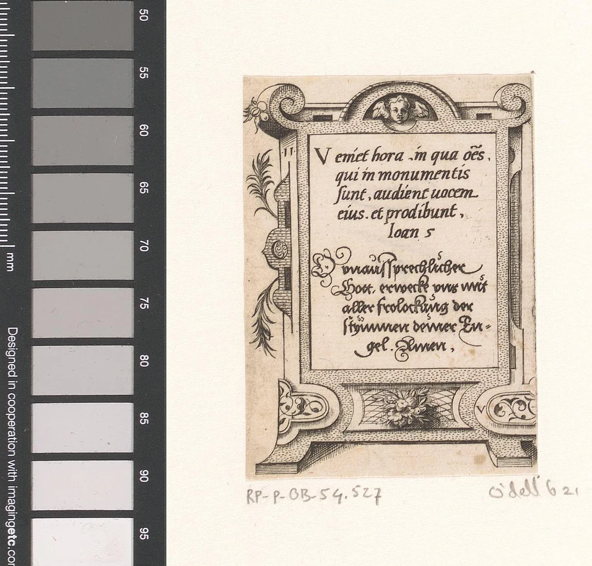 Gebed in Latijn en Duits in een rolwerk omlijsting by Unknown, print, 1568