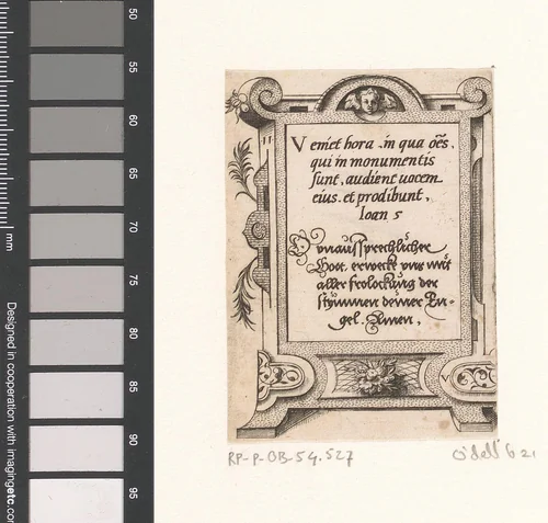 Gebed in Latijn en Duits in een rolwerk omlijsting by Unknown, print, 1568