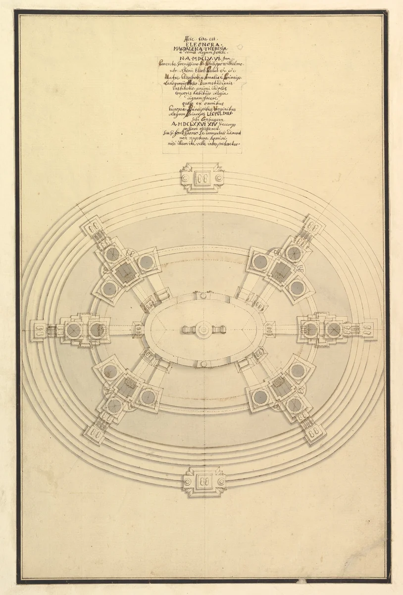 Ground Plan for a Catafalque for Eleonora Magdalena Theresa (1655–1720) by Giuseppe Galli Bibiena, drawing, 1715-1725