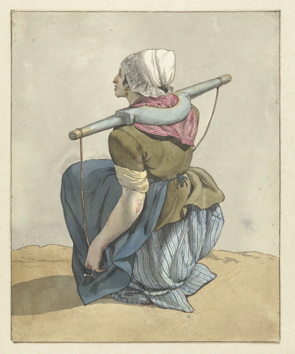 Zittende vrouw met een juk op haar schouders by W. Barthautz, drawing, 1700-1800
