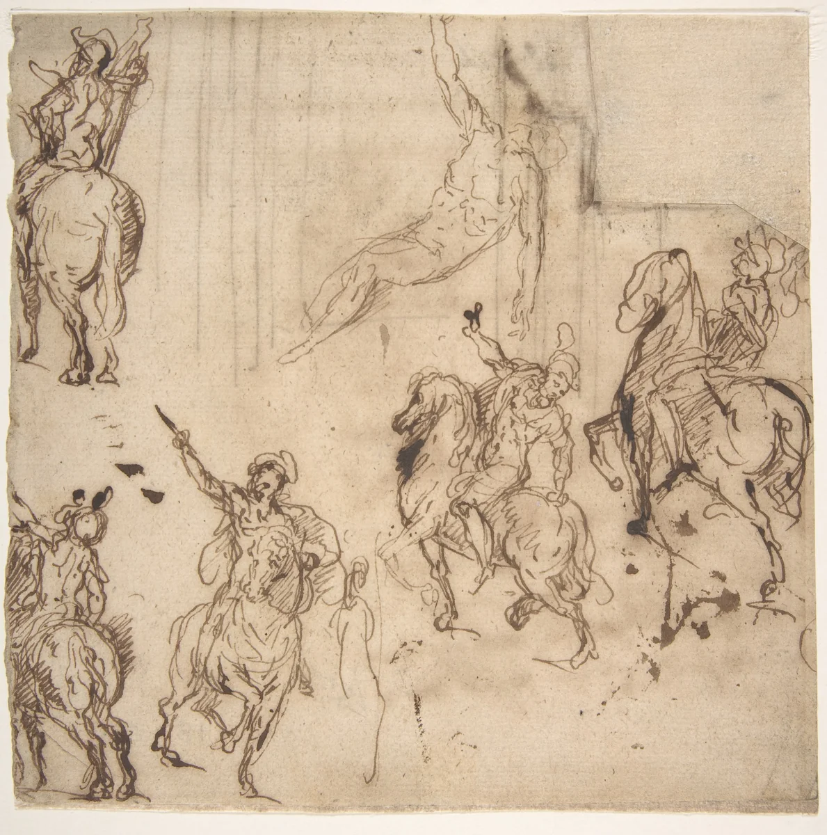Studies of Horsemen and Study of a Figure for a Deposition (recto); Sketch for an Entablature (verso) by Jacopo Palma, drawing, 1548-1628