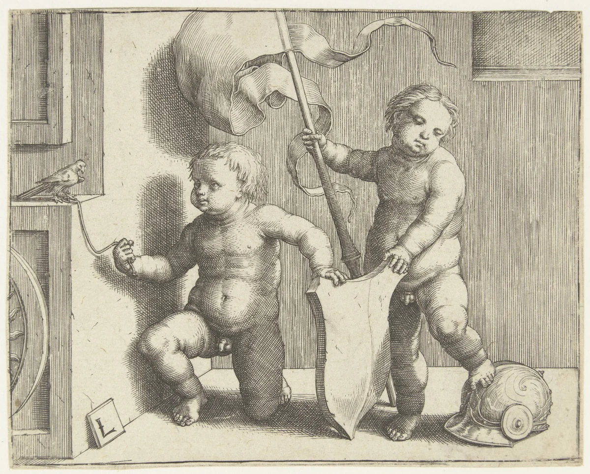 Twee jongetjes met een wapenschild, helm en vaandel by Unknown, print, 1508-1512