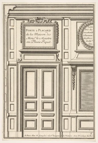 Door and Part of the Wall Paneling with Mirrored Glass from the House of Monsieur le Maître at Plessis Piquet, plate VI from "Portes a Placard et Lambris" by Jean Le Pautre, print, 1618-1682