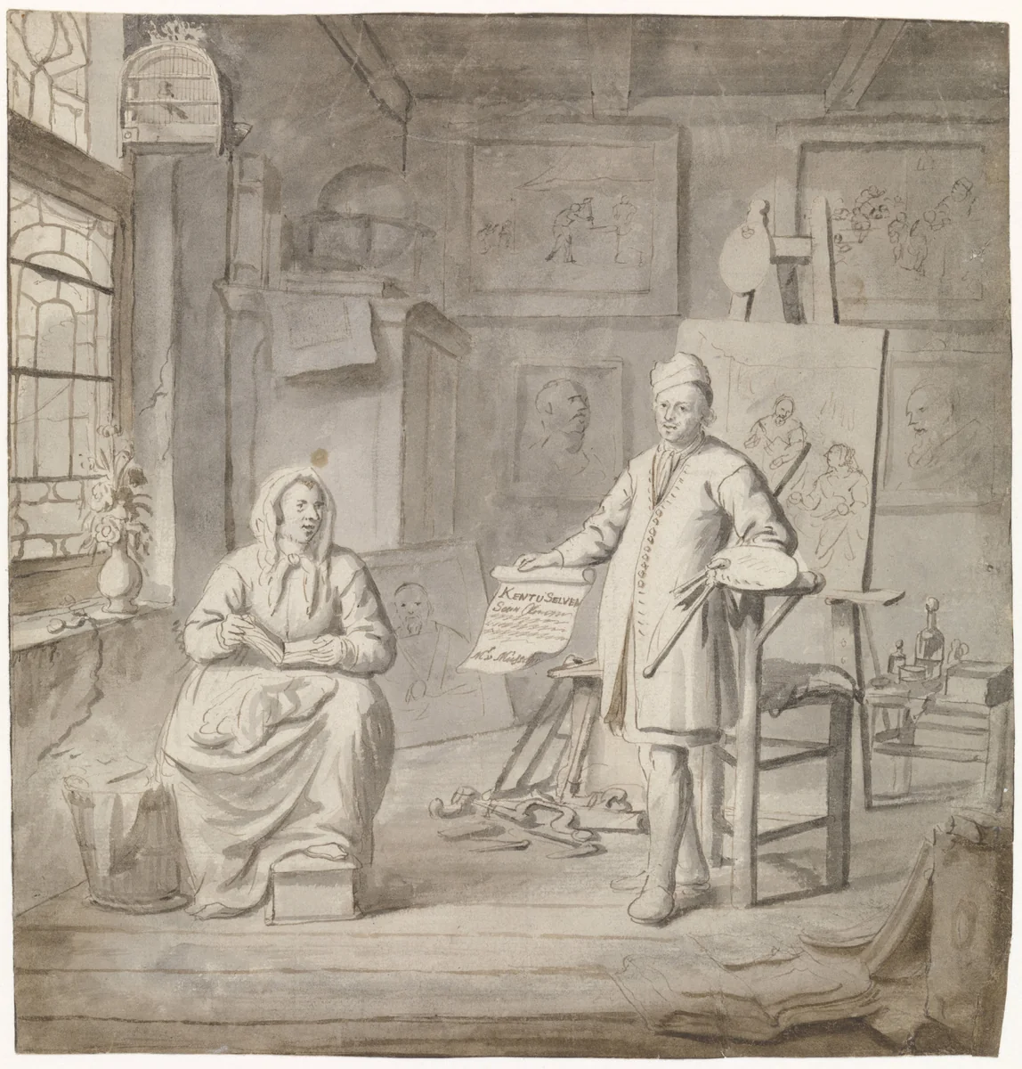 Schilder Michiel Comans en zijn derde vrouw Elisabeth van der Mersche in het atelier by Michiel van Musscher, drawing, 1655-1705