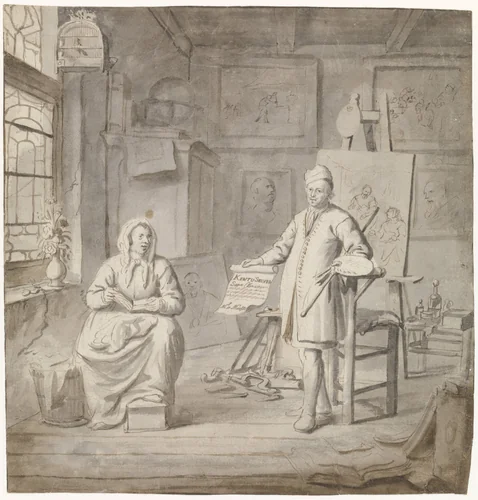 Schilder Michiel Comans en zijn derde vrouw Elisabeth van der Mersche in het atelier by Michiel van Musscher, drawing, 1655-1705