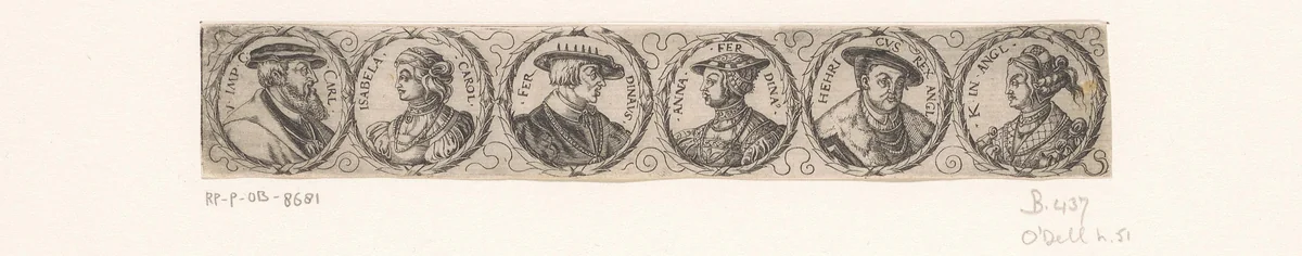 Fries met zes bustes in lauwerkransen by Unknown, print, 1524-1562