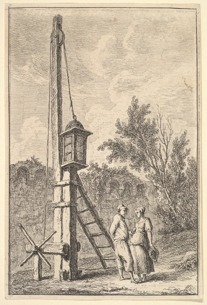 Plate 9: The Pulley: a man and a woman conversing to right, a lantern hung on a post to left, from "Les soirées de Rome" by Hubert Robert, print, 1763-1764