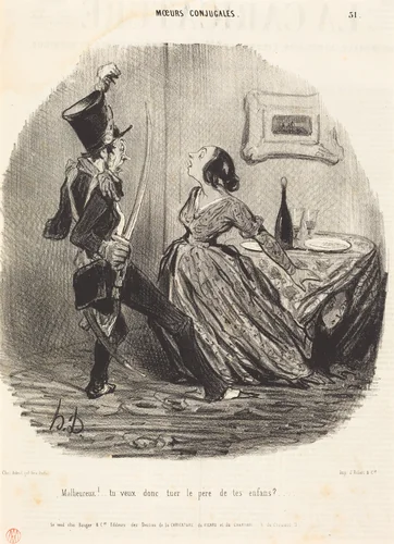 Malheureux! tu veux donc tuer le père de tes enfants? by Honoré Daumier, print, 1841