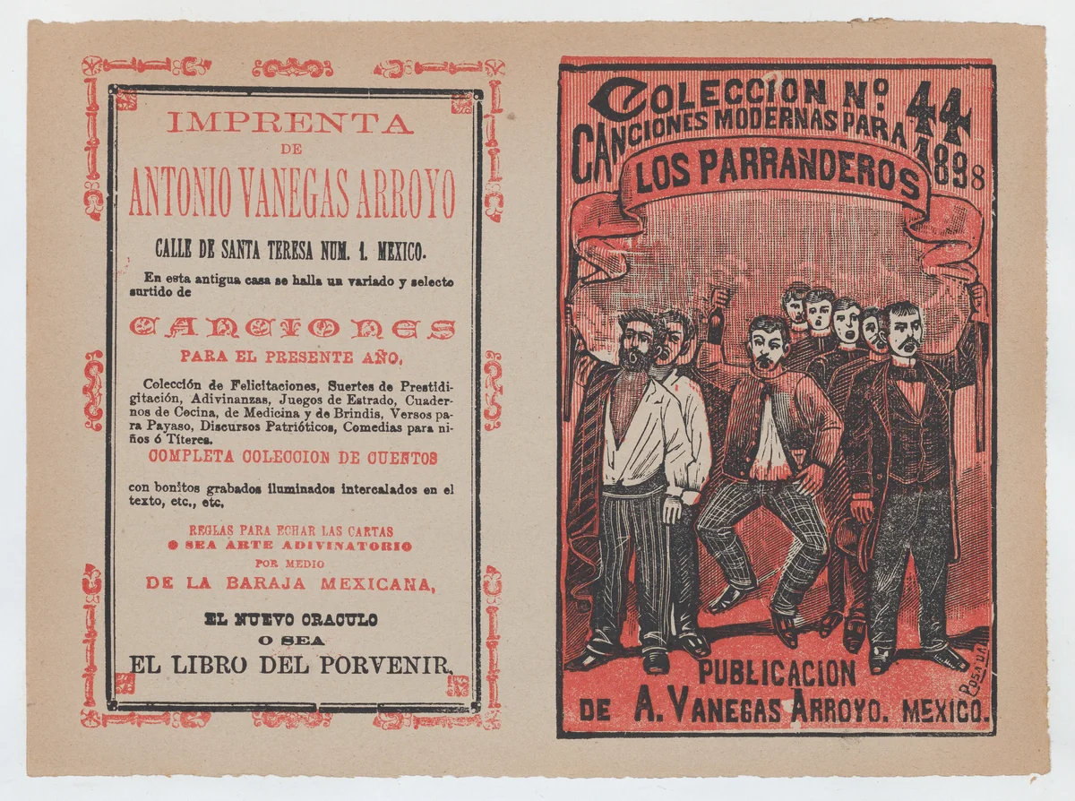 Cover for 'Canciones Modernas para 1898: Los Parranderos', group of men holding a banner and singing by José Guadalupe Posada, print, 1893-1903