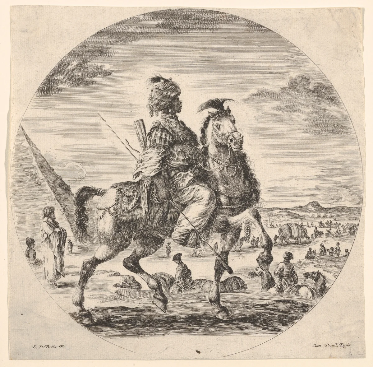Moorish horseman in profile facing right, in the background a pyramid at left, many figures and an elephant, from "Figures on Horseback" (Cavaliers nègres, polonais et hongrois) by Stefano della Bella, print, 1648-1653