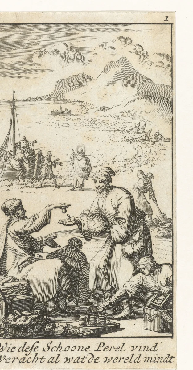Koopman koopt op het strand voor een groot aantal geldstukken een parel by Jan Luyken, print, 1687