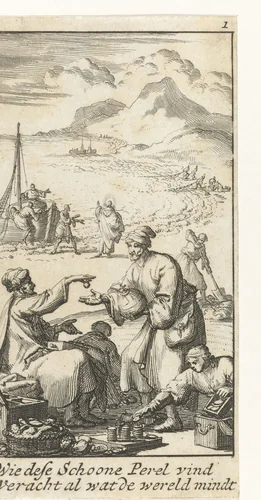 Koopman koopt op het strand voor een groot aantal geldstukken een parel by Jan Luyken, print, 1687