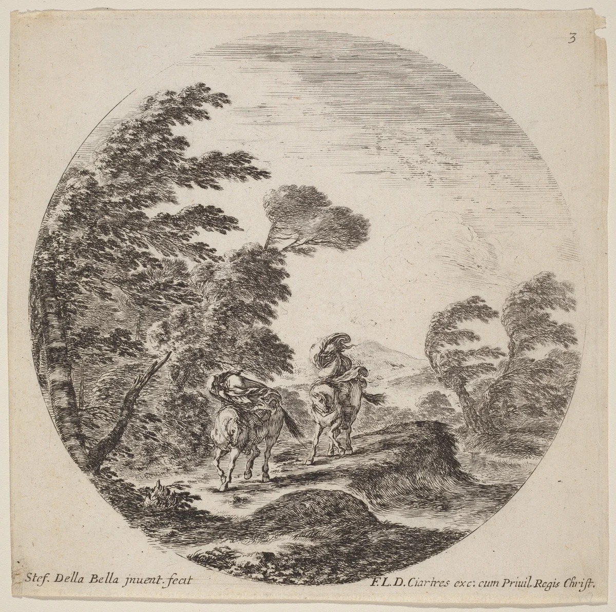 Windblown Horsemen by Stefano della Bella, print, 1646