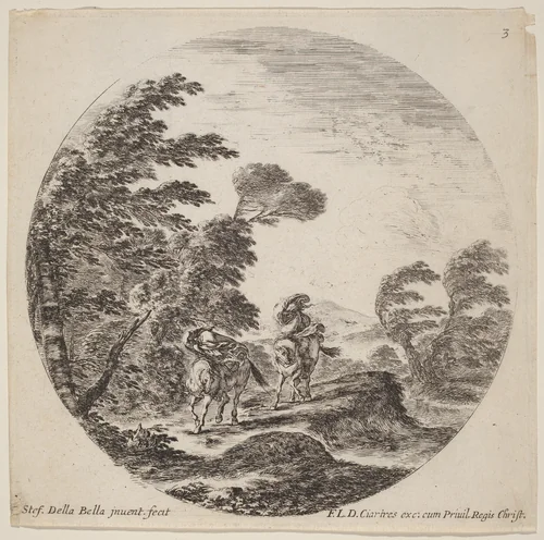 Windblown Horsemen by Stefano della Bella, print, 1646